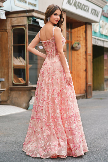 Rose Épaule Dénudée Corset Trapèze 3D Papillons Robe de Bal Floral avec Fente